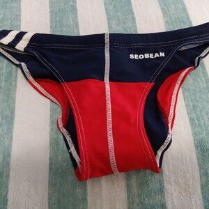 (*) VINTAGE SEOBEAN 1" SWIM BRIEF, ASIAN SIZE "S", NAVY/RED/WHITE (Pre-Owned)